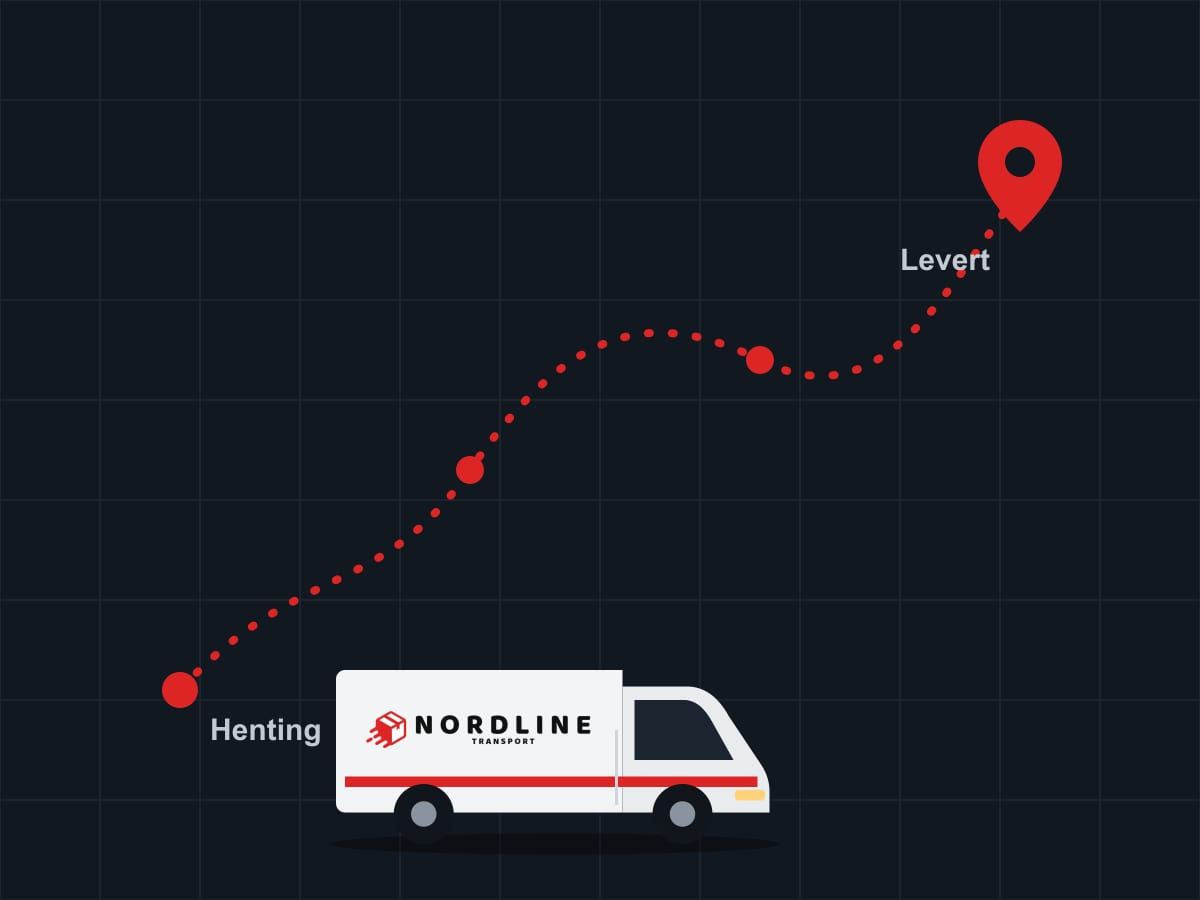 Illustrasjon av Nordline-varebilen og en rute fra henting til levering